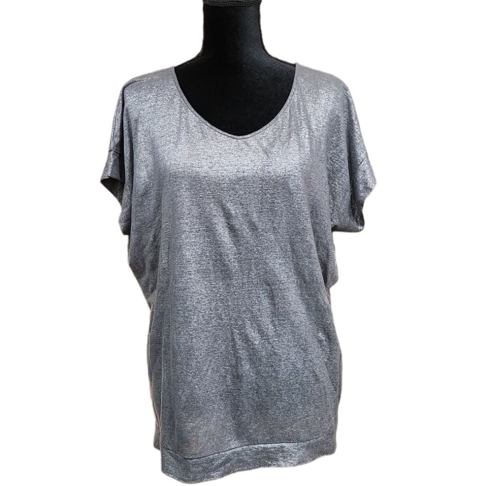 Eileen Fisher Silver Soft V Neck Jersey Shimmer 100% Linen Wedge Top M